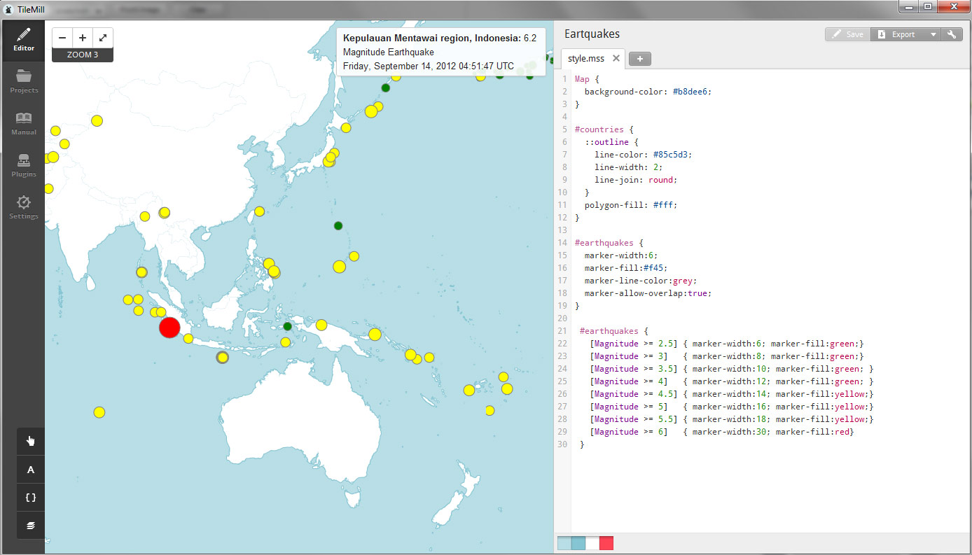  	A basic map in TileMill. The CSS editor is on the right, a peview of the map on the left.