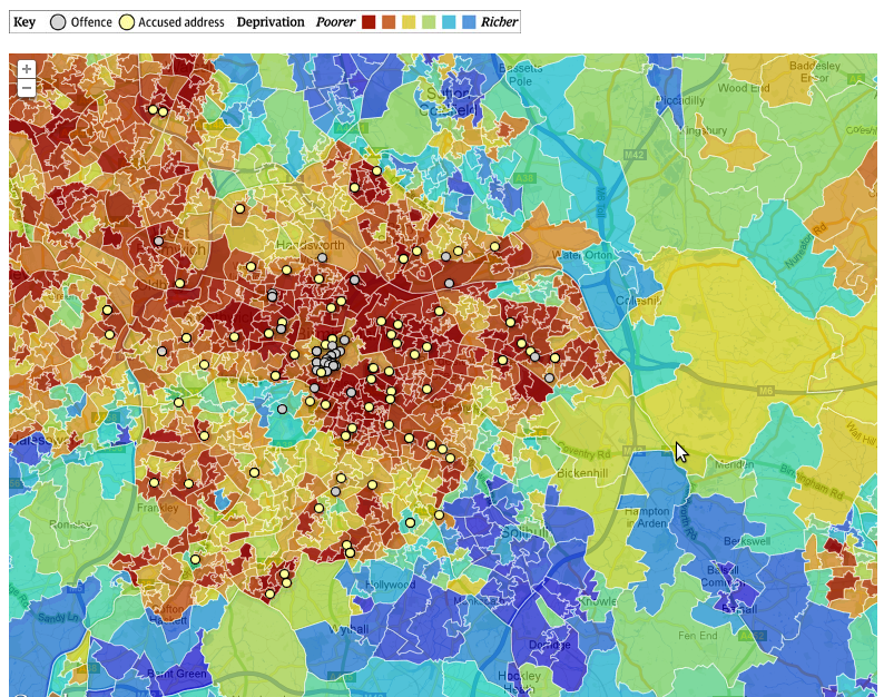 Google Fusion Tables as used by The Guardian to visualise data about poverty and the homes of those accused of rioting in 2011.