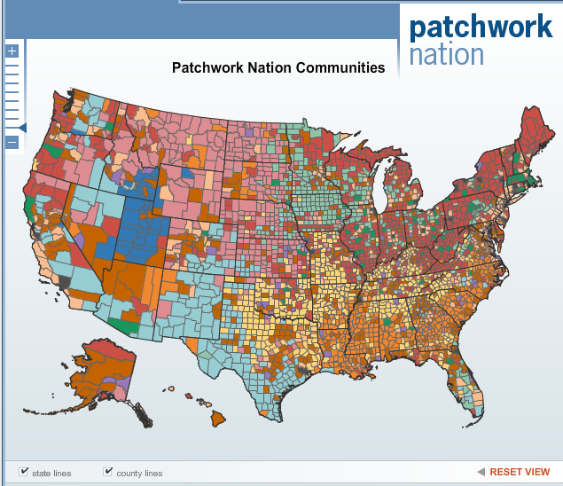 Made using the free VIDI data visualisation tools, Patchwork Nation shows economic and social data about the United States.