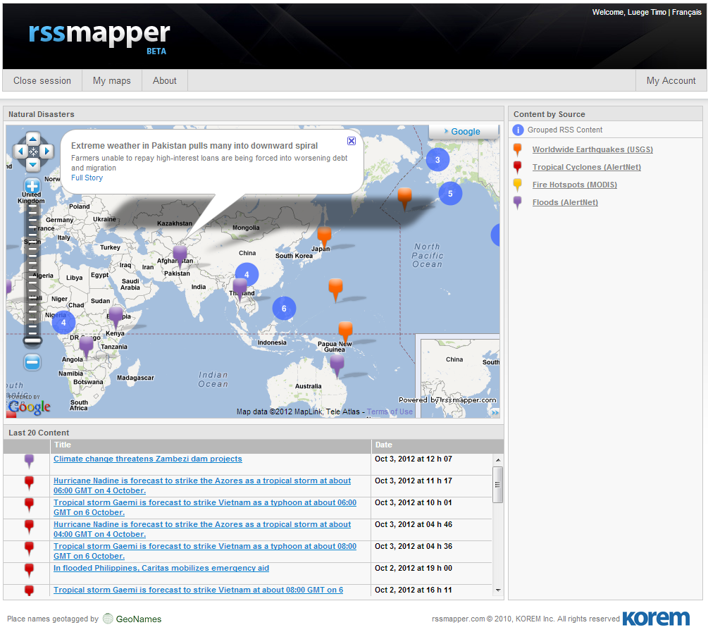 Example of a map that combines four RSS feeds showing natural disasters.